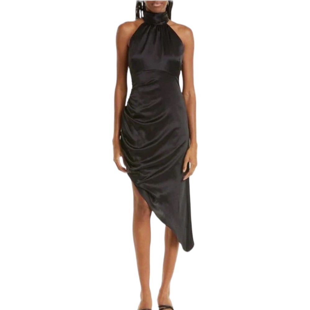 NWD Cinq A Sept Naya Black Silk Ruched Asymmetric Silk High Neck Dress Sz 2